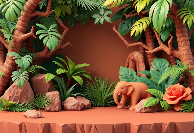 Photo 3d render of a jungle scene with an elephant and a rose