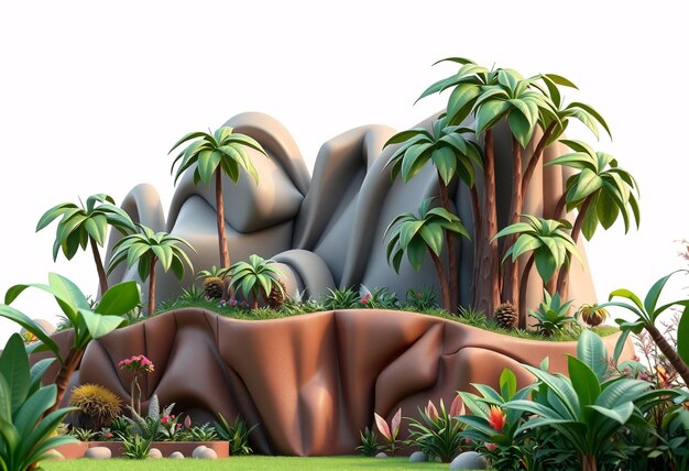 Photo 3d render of a jungle scene with palm trees plants and rock formations