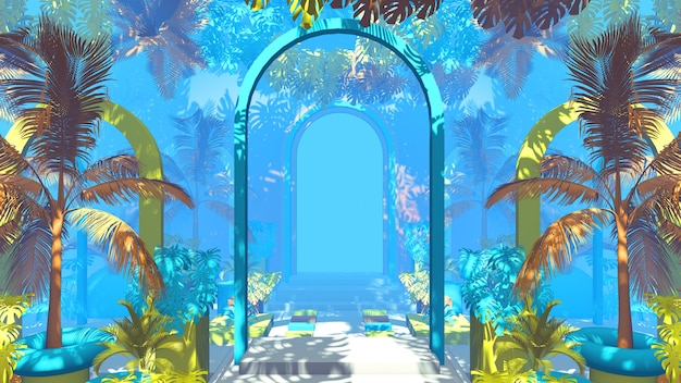 3d render jungle with blue background with arches