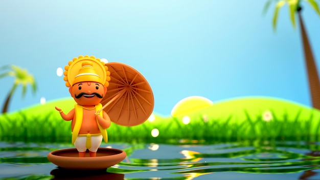 3D Render Of King Mahabali Standing On River Nature View Blurred Background.