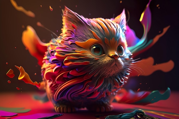 3D render of a Kitten made of multicolored wax, cute cat, cat, cat with vibrant background