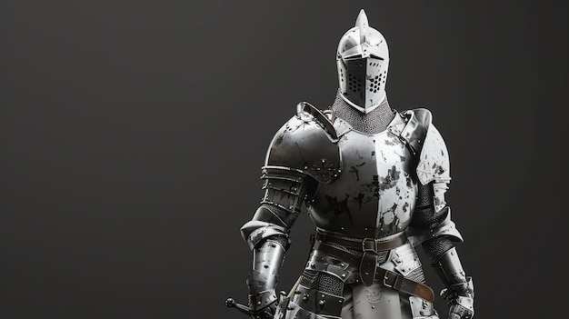 A 3D render of a knight in full armor standing with a sword on a gray background