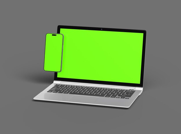 3D Render of laptop and phone with green screen on a dark background