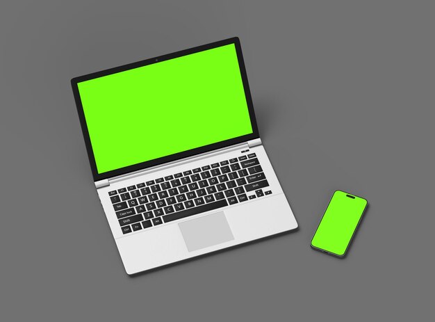 3D Render of laptop and phone with green screen on a dark background