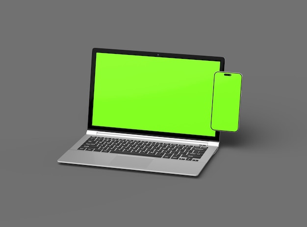 3D Render of laptop and phone with green screen on a dark background