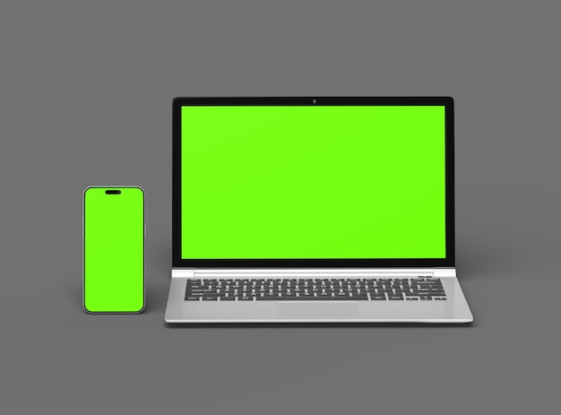 3D Render of laptop and phone with green screen on a dark background