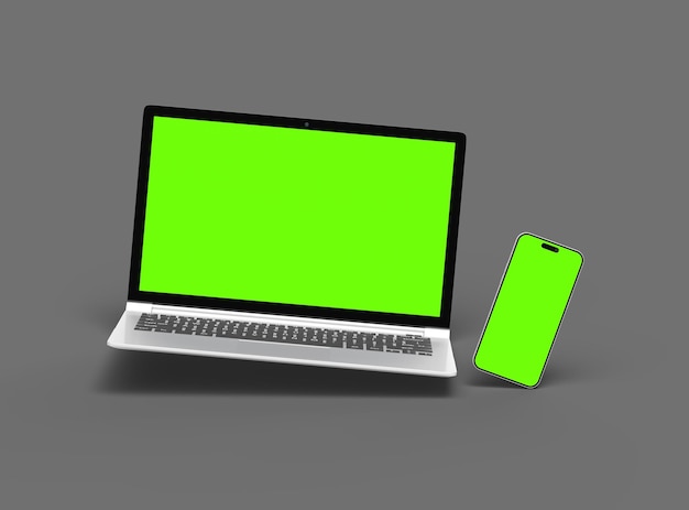 3D Render of laptop and phone with green screen on a dark background