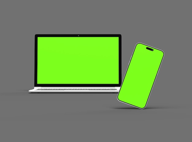 3D Render of laptop and phone with green screen on a dark background