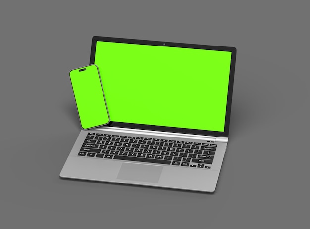 3D Render of laptop and phone with green screen on a dark background