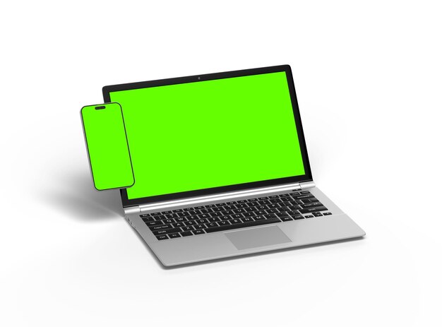 3D Render of laptop and phone with green screen on a light background