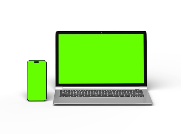 3D Render of laptop and phone with green screen on a light background