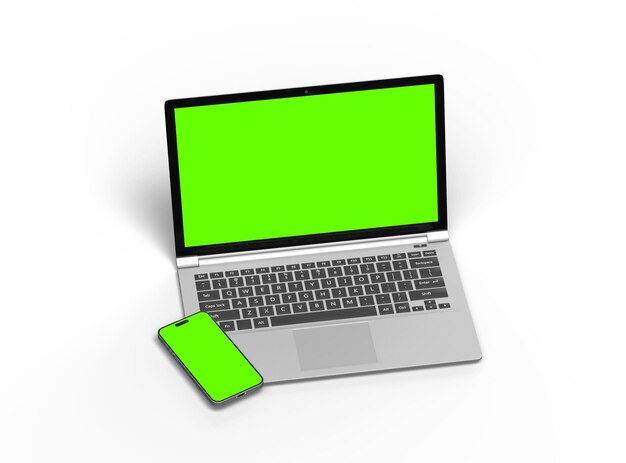 3D Render of laptop and phone with green screen on a light background