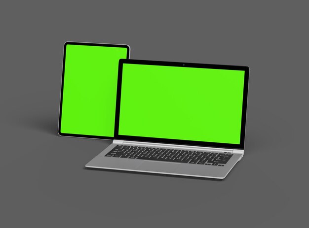 3d render of laptop and tablet with green screen on a dark background