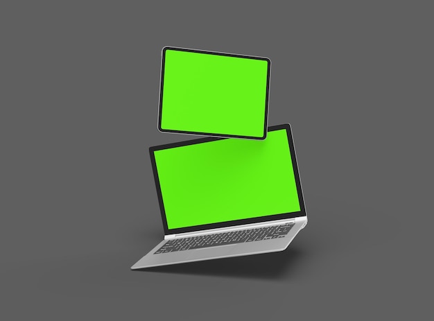 3d render of laptop and tablet with green screen on a dark background