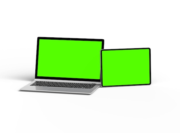 3d render of laptop and tablet with green screen on a light background