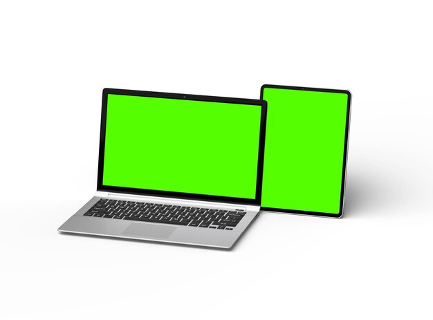 3d render of laptop and tablet with green screen on a light background