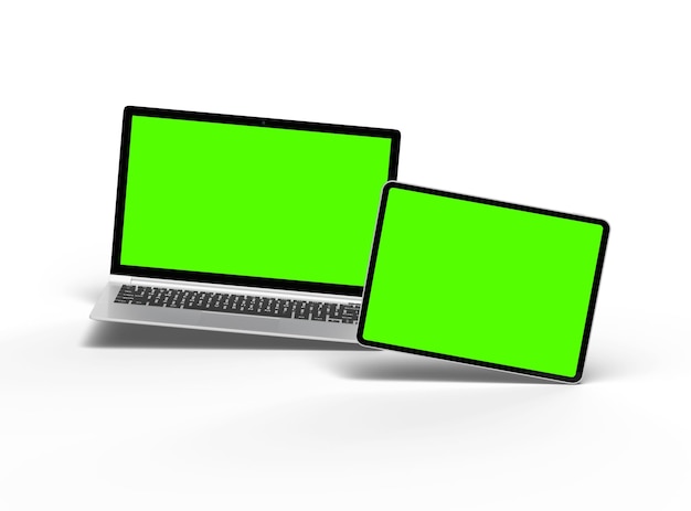 3d render of laptop and tablet with green screen on a light background