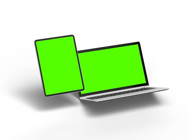 3d render of laptop and tablet with green screen on a light background