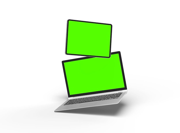 3d render of laptop and tablet with green screen on a light background