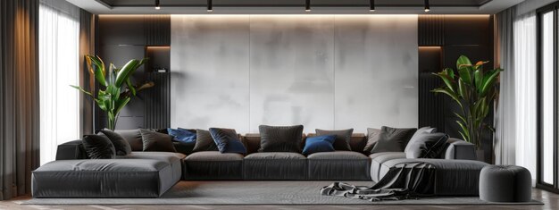 3d render Large living room with upholstered area gray sofa and blue pillows Black wood furnitur