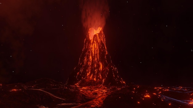 3d Render A large volcano eruption hot lava and gases into the atmosphere