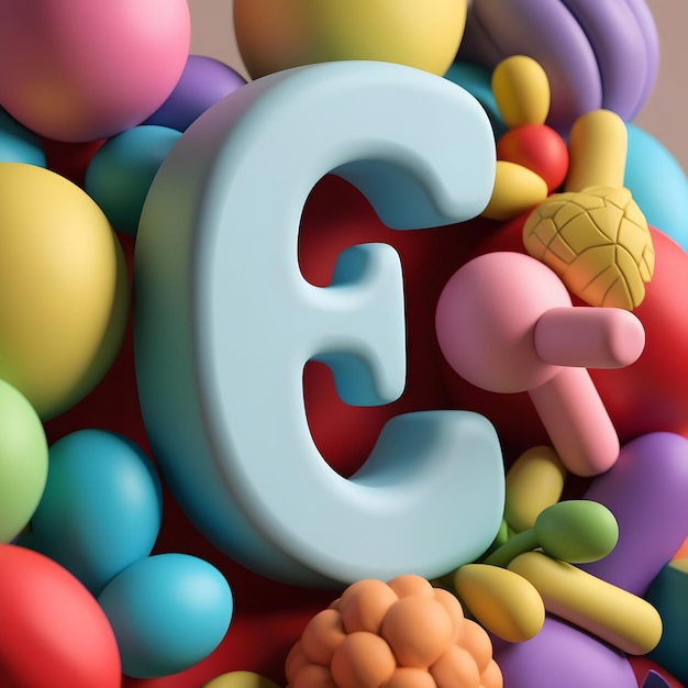 3D Render of the Letter E Surrounded by Colorful Playful Objects in a Stylized Scene