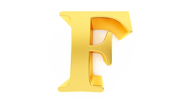 3d render of the letter f in gold metal isolated on a white background.