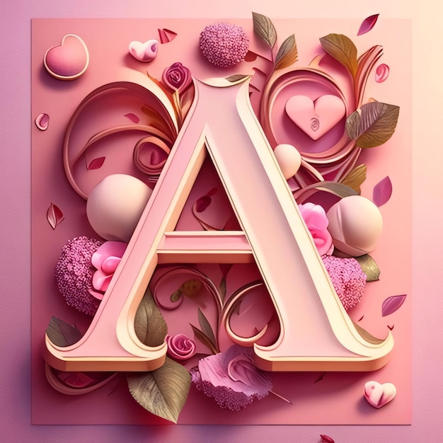 3d render of the letter A in the form of flowers and hearts on a pink background