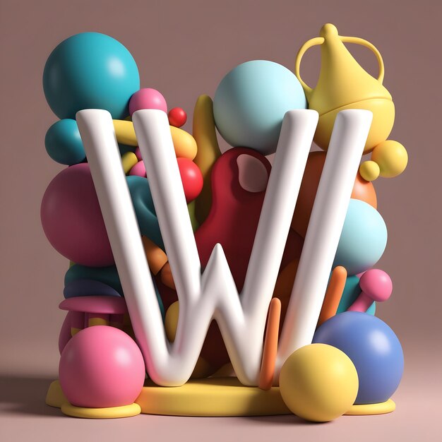 Photo 3d render of letter w surrounded by colorful playful objects claylike cgi art