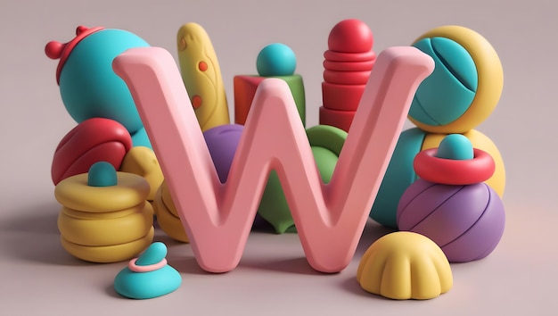 Photo 3d render of letter w surrounded by colorful playful objects claylike cgi art