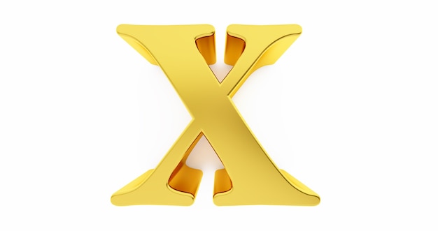 3d render of the letter X in gold metal isolated on a white background.