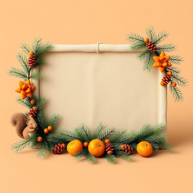 3D Render of Linen Blank Sign Board Pine Boughs Dried Oranges Cute Squirrel Figurines Tartan Plaid W