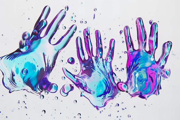 Photo 3d render of liquid in the shape of multiple fingers floating above a white background with vibrant