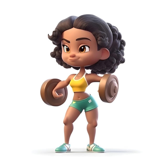 3D Render of a Little African American Girl with dumbbells