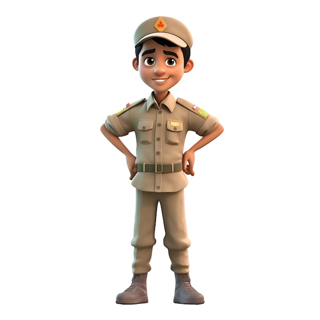 3D Render of Little Army Boy with Army Uniform with white background