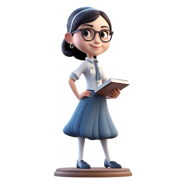 3D Render of Little Asian Girl with book and eyeglasses