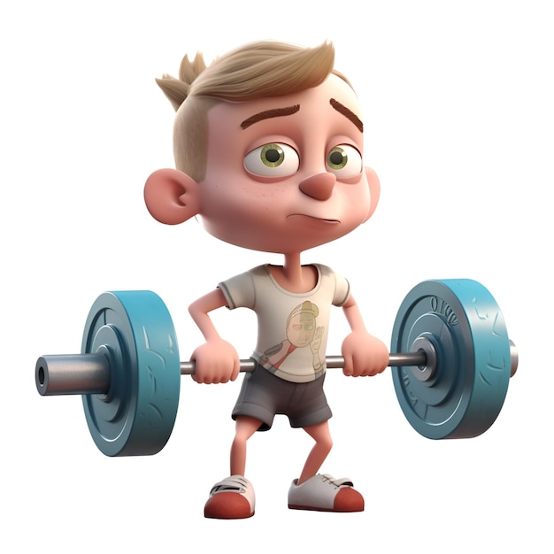 3D Render of a Little Boy lifting a barbell in a gym