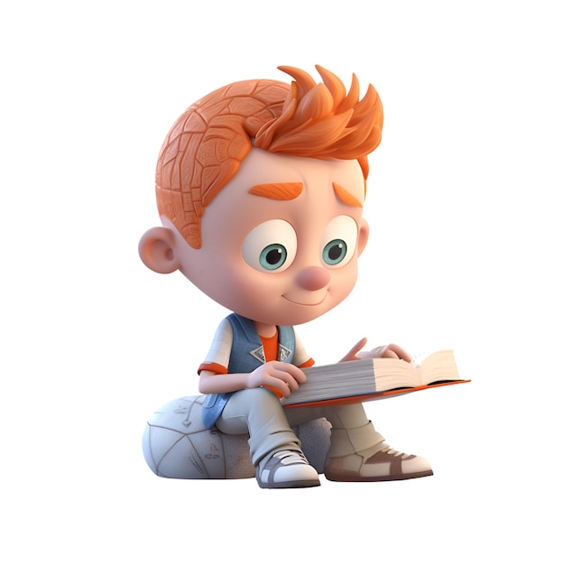 3D Render of a Little Boy Reading a Book Isolated on White Background