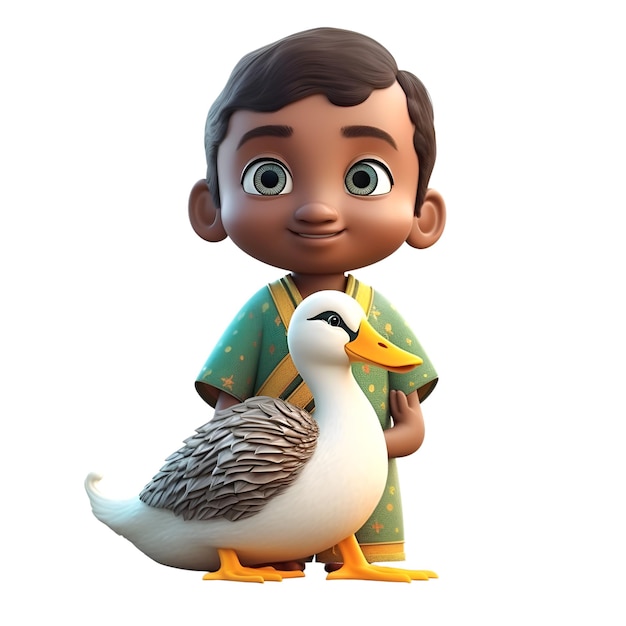 3d render of little boy with duck on white background no shadow