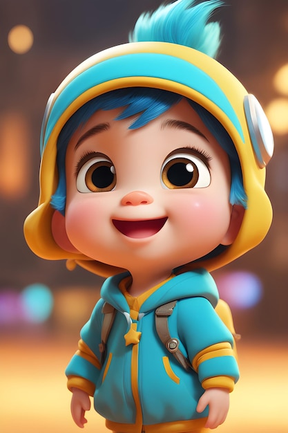 3d render of little boy with hat and blue hair in cityjpg