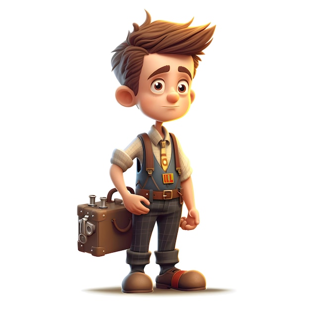 3D Render of a Little Boy with vintage camera and old suitcase