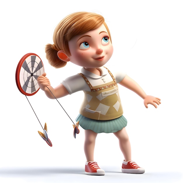 3D Render of Little Girl playing badminton with dartboard