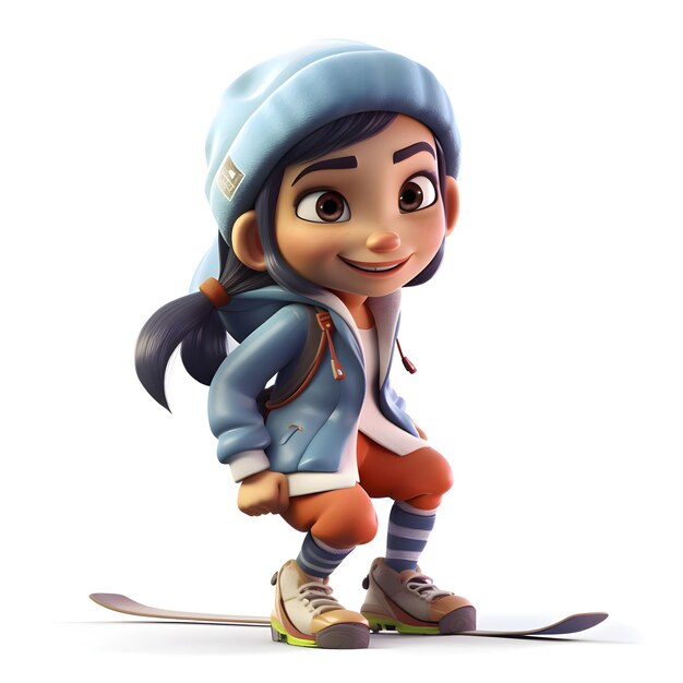 3D Render of a little girl snowboarder on white background