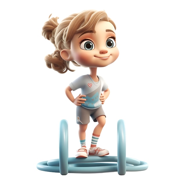 3d Render of Little Girl with Gymnastic Trampoline