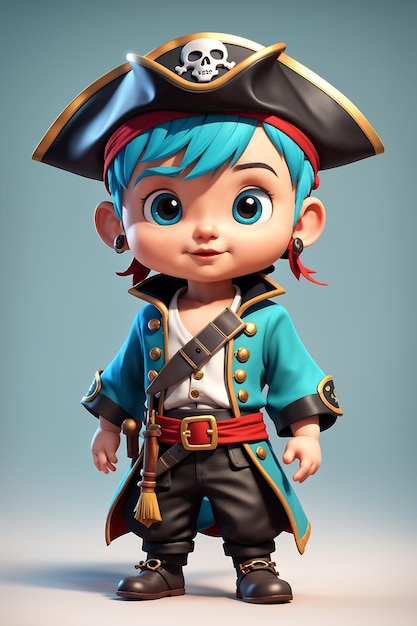 3D Render Of A Little Pirate Boy With Blue Hair And Hat