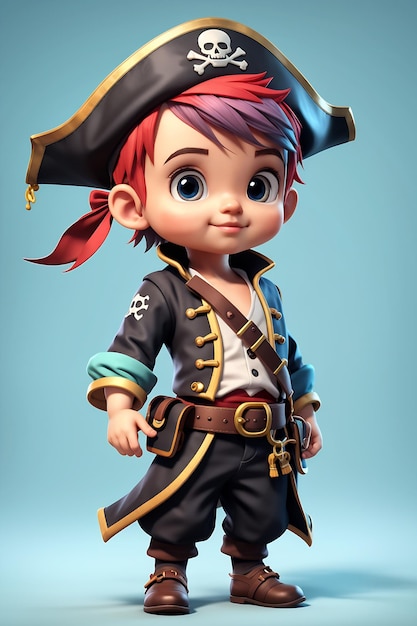 3D Render Of Little Pirate Boy With Pirate Costume On Blue Background