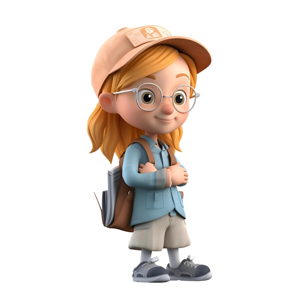 3D Render of Little School Girl with Backpack and Clipping Path