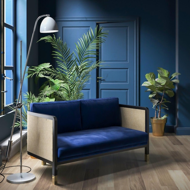 3d render living room lounge dark blue room with sofa and stand lamp