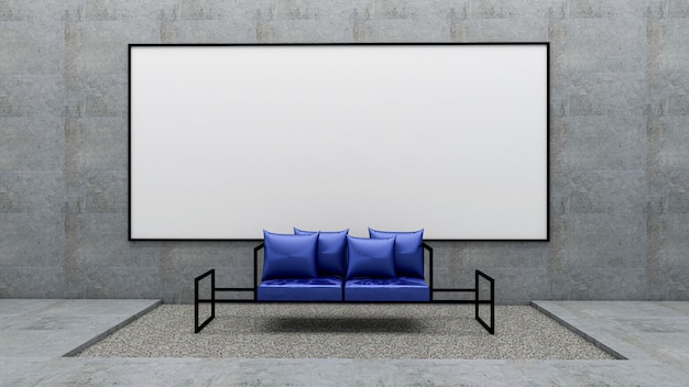 3d render of living room and whiteboard on raw concrete wall, living room