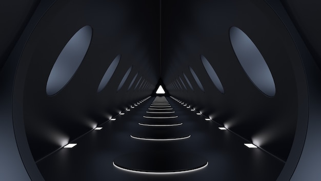 3d render long dark tunnel with windows and lights